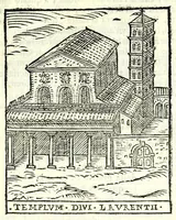 An illustration from Le cose maravigliose dell'alma città di Roma : dove si veggono il movimento delle guglie, & gli acquedutti per condurre l'Acqua Felice, le ample e commode strade, fatte à beneficio publico dal santissimo Sisto V. P.O.M. : et si tratta delle chiese, rappresentate in disegno da Gieronimo Francino, con le stationi, & reliquie de' corpi santi che vi sono, et vn trattato del modo d'acquistare l'indulgenze : la guida romana, che insegna facilmente à i forastieri à ritrouare le più notabili cose di Roma : li nomi de i sommi pontefici, imperatori, & altri principi christiani : il numero delle parrocchie & compagnie che sono in Roma : l'antichità di Roma, breuemente raccolta : & vn discorso sopra li fuochi de gli antichi (1588)