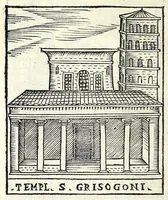 An illustration from Le cose maravigliose dell'alma città di Roma : dove si veggono il movimento delle guglie, & gli acquedutti per condurre l'Acqua Felice, le ample e commode strade, fatte à beneficio publico dal santissimo Sisto V. P.O.M. : et si tratta delle chiese, rappresentate in disegno da Gieronimo Francino, con le stationi, & reliquie de' corpi santi che vi sono, et vn trattato del modo d'acquistare l'indulgenze : la guida romana, che insegna facilmente à i forastieri à ritrouare le più notabili cose di Roma : li nomi de i sommi pontefici, imperatori, & altri principi christiani : il numero delle parrocchie & compagnie che sono in Roma : l'antichità di Roma, breuemente raccolta : & vn discorso sopra li fuochi de gli antichi (1588)