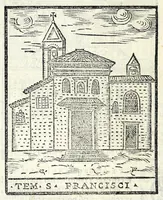 An illustration from Le cose maravigliose dell'alma città di Roma : dove si veggono il movimento delle guglie, & gli acquedutti per condurre l'Acqua Felice, le ample e commode strade, fatte à beneficio publico dal santissimo Sisto V. P.O.M. : et si tratta delle chiese, rappresentate in disegno da Gieronimo Francino, con le stationi, & reliquie de' corpi santi che vi sono, et vn trattato del modo d'acquistare l'indulgenze : la guida romana, che insegna facilmente à i forastieri à ritrouare le più notabili cose di Roma : li nomi de i sommi pontefici, imperatori, & altri principi christiani : il numero delle parrocchie & compagnie che sono in Roma : l'antichità di Roma, breuemente raccolta : & vn discorso sopra li fuochi de gli antichi (1588)
