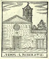 An illustration from Le cose maravigliose dell'alma città di Roma : dove si veggono il movimento delle guglie, & gli acquedutti per condurre l'Acqua Felice, le ample e commode strade, fatte à beneficio publico dal santissimo Sisto V. P.O.M. : et si tratta delle chiese, rappresentate in disegno da Gieronimo Francino, con le stationi, & reliquie de' corpi santi che vi sono, et vn trattato del modo d'acquistare l'indulgenze : la guida romana, che insegna facilmente à i forastieri à ritrouare le più notabili cose di Roma : li nomi de i sommi pontefici, imperatori, & altri principi christiani : il numero delle parrocchie & compagnie che sono in Roma : l'antichità di Roma, breuemente raccolta : & vn discorso sopra li fuochi de gli antichi (1588)