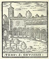 An illustration from Le cose maravigliose dell'alma città di Roma : dove si veggono il movimento delle guglie, & gli acquedutti per condurre l'Acqua Felice, le ample e commode strade, fatte à beneficio publico dal santissimo Sisto V. P.O.M. : et si tratta delle chiese, rappresentate in disegno da Gieronimo Francino, con le stationi, & reliquie de' corpi santi che vi sono, et vn trattato del modo d'acquistare l'indulgenze : la guida romana, che insegna facilmente à i forastieri à ritrouare le più notabili cose di Roma : li nomi de i sommi pontefici, imperatori, & altri principi christiani : il numero delle parrocchie & compagnie che sono in Roma : l'antichità di Roma, breuemente raccolta : & vn discorso sopra li fuochi de gli antichi (1588)