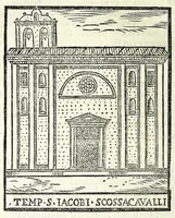 An illustration from Le cose maravigliose dell'alma città di Roma : dove si veggono il movimento delle guglie, & gli acquedutti per condurre l'Acqua Felice, le ample e commode strade, fatte à beneficio publico dal santissimo Sisto V. P.O.M. : et si tratta delle chiese, rappresentate in disegno da Gieronimo Francino, con le stationi, & reliquie de' corpi santi che vi sono, et vn trattato del modo d'acquistare l'indulgenze : la guida romana, che insegna facilmente à i forastieri à ritrouare le più notabili cose di Roma : li nomi de i sommi pontefici, imperatori, & altri principi christiani : il numero delle parrocchie & compagnie che sono in Roma : l'antichità di Roma, breuemente raccolta : & vn discorso sopra li fuochi de gli antichi (1588)