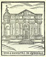 An illustration from Le cose maravigliose dell'alma città di Roma : dove si veggono il movimento delle guglie, & gli acquedutti per condurre l'Acqua Felice, le ample e commode strade, fatte à beneficio publico dal santissimo Sisto V. P.O.M. : et si tratta delle chiese, rappresentate in disegno da Gieronimo Francino, con le stationi, & reliquie de' corpi santi che vi sono, et vn trattato del modo d'acquistare l'indulgenze : la guida romana, che insegna facilmente à i forastieri à ritrouare le più notabili cose di Roma : li nomi de i sommi pontefici, imperatori, & altri principi christiani : il numero delle parrocchie & compagnie che sono in Roma : l'antichità di Roma, breuemente raccolta : & vn discorso sopra li fuochi de gli antichi (1588)