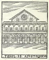 Picture 22 of 55 from Le cose maravigliose dell'alma città di Roma : dove si veggono il movimento delle guglie, & gli acquedutti per condurre l'Acqua Felice, le ample e commode strade, fatte à beneficio publico dal santissimo Sisto V. P.O.M. : et si tratta delle chiese, rappresentate in disegno da Gieronimo Francino, con le stationi, & reliquie de' corpi santi che vi sono, et vn trattato del modo d'acquistare l'indulgenze : la guida romana, che insegna facilmente à i forastieri à ritrouare le più notabili cose di Roma : li nomi de i sommi pontefici, imperatori, & altri principi christiani : il numero delle parrocchie & compagnie che sono in Roma : l'antichità di Roma, breuemente raccolta : & vn discorso sopra li fuochi de gli antichi (1588), leaf 64