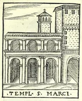 An illustration from Le cose maravigliose dell'alma città di Roma : dove si veggono il movimento delle guglie, & gli acquedutti per condurre l'Acqua Felice, le ample e commode strade, fatte à beneficio publico dal santissimo Sisto V. P.O.M. : et si tratta delle chiese, rappresentate in disegno da Gieronimo Francino, con le stationi, & reliquie de' corpi santi che vi sono, et vn trattato del modo d'acquistare l'indulgenze : la guida romana, che insegna facilmente à i forastieri à ritrouare le più notabili cose di Roma : li nomi de i sommi pontefici, imperatori, & altri principi christiani : il numero delle parrocchie & compagnie che sono in Roma : l'antichità di Roma, breuemente raccolta : & vn discorso sopra li fuochi de gli antichi (1588)