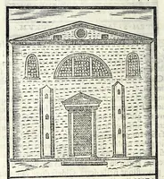 An illustration from Le cose maravigliose dell'alma città di Roma : dove si veggono il movimento delle guglie, & gli acquedutti per condurre l'Acqua Felice, le ample e commode strade, fatte à beneficio publico dal santissimo Sisto V. P.O.M. : et si tratta delle chiese, rappresentate in disegno da Gieronimo Francino, con le stationi, & reliquie de' corpi santi che vi sono, et vn trattato del modo d'acquistare l'indulgenze : la guida romana, che insegna facilmente à i forastieri à ritrouare le più notabili cose di Roma : li nomi de i sommi pontefici, imperatori, & altri principi christiani : il numero delle parrocchie & compagnie che sono in Roma : l'antichità di Roma, breuemente raccolta : & vn discorso sopra li fuochi de gli antichi (1588)