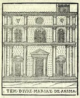 An illustration from Le cose maravigliose dell'alma città di Roma : dove si veggono il movimento delle guglie, & gli acquedutti per condurre l'Acqua Felice, le ample e commode strade, fatte à beneficio publico dal santissimo Sisto V. P.O.M. : et si tratta delle chiese, rappresentate in disegno da Gieronimo Francino, con le stationi, & reliquie de' corpi santi che vi sono, et vn trattato del modo d'acquistare l'indulgenze : la guida romana, che insegna facilmente à i forastieri à ritrouare le più notabili cose di Roma : li nomi de i sommi pontefici, imperatori, & altri principi christiani : il numero delle parrocchie & compagnie che sono in Roma : l'antichità di Roma, breuemente raccolta : & vn discorso sopra li fuochi de gli antichi (1588)