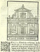 An illustration from Le cose maravigliose dell'alma città di Roma : dove si veggono il movimento delle guglie, & gli acquedutti per condurre l'Acqua Felice, le ample e commode strade, fatte à beneficio publico dal santissimo Sisto V. P.O.M. : et si tratta delle chiese, rappresentate in disegno da Gieronimo Francino, con le stationi, & reliquie de' corpi santi che vi sono, et vn trattato del modo d'acquistare l'indulgenze : la guida romana, che insegna facilmente à i forastieri à ritrouare le più notabili cose di Roma : li nomi de i sommi pontefici, imperatori, & altri principi christiani : il numero delle parrocchie & compagnie che sono in Roma : l'antichità di Roma, breuemente raccolta : & vn discorso sopra li fuochi de gli antichi (1588)