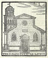An illustration from Le cose maravigliose dell'alma città di Roma : dove si veggono il movimento delle guglie, & gli acquedutti per condurre l'Acqua Felice, le ample e commode strade, fatte à beneficio publico dal santissimo Sisto V. P.O.M. : et si tratta delle chiese, rappresentate in disegno da Gieronimo Francino, con le stationi, & reliquie de' corpi santi che vi sono, et vn trattato del modo d'acquistare l'indulgenze : la guida romana, che insegna facilmente à i forastieri à ritrouare le più notabili cose di Roma : li nomi de i sommi pontefici, imperatori, & altri principi christiani : il numero delle parrocchie & compagnie che sono in Roma : l'antichità di Roma, breuemente raccolta : & vn discorso sopra li fuochi de gli antichi (1588)