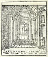 Picture 35 of 55 from Le cose maravigliose dell'alma città di Roma : dove si veggono il movimento delle guglie, & gli acquedutti per condurre l'Acqua Felice, le ample e commode strade, fatte à beneficio publico dal santissimo Sisto V. P.O.M. : et si tratta delle chiese, rappresentate in disegno da Gieronimo Francino, con le stationi, & reliquie de' corpi santi che vi sono, et vn trattato del modo d'acquistare l'indulgenze : la guida romana, che insegna facilmente à i forastieri à ritrouare le più notabili cose di Roma : li nomi de i sommi pontefici, imperatori, & altri principi christiani : il numero delle parrocchie & compagnie che sono in Roma : l'antichità di Roma, breuemente raccolta : & vn discorso sopra li fuochi de gli antichi (1588), leaf 94