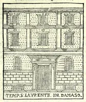 Picture 36 of 55 from Le cose maravigliose dell'alma città di Roma : dove si veggono il movimento delle guglie, & gli acquedutti per condurre l'Acqua Felice, le ample e commode strade, fatte à beneficio publico dal santissimo Sisto V. P.O.M. : et si tratta delle chiese, rappresentate in disegno da Gieronimo Francino, con le stationi, & reliquie de' corpi santi che vi sono, et vn trattato del modo d'acquistare l'indulgenze : la guida romana, che insegna facilmente à i forastieri à ritrouare le più notabili cose di Roma : li nomi de i sommi pontefici, imperatori, & altri principi christiani : il numero delle parrocchie & compagnie che sono in Roma : l'antichità di Roma, breuemente raccolta : & vn discorso sopra li fuochi de gli antichi (1588), leaf 97