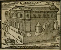 Picture 16 of 48 from Le cose maravigliose di Roma : cioè, chiese, e luoghi pij, con la delineatione dell'edificio, loro historia, ornamenti, pitture, e sculture, co'l nome de' pittori e scultori che l'han fatte : cimiterij, reliquie, corpi santi, stationi, & indulgenze che vi sono ... : la guida romana, che insegna a' forastieri di trouar facilmente le sudette cose ; i nomi de' sommi pontefici, imperatori, rè & altri prencipi christiani : le sette famose marauiglie del mondo : con le poste principali d'Italia & altre cose notabili (1640), leaf 25