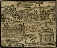 Picture 29 of 48 from Le cose maravigliose di Roma : cioè, chiese, e luoghi pij, con la delineatione dell'edificio, loro historia, ornamenti, pitture, e sculture, co'l nome de' pittori e scultori che l'han fatte : cimiterij, reliquie, corpi santi, stationi, & indulgenze che vi sono ... : la guida romana, che insegna a' forastieri di trouar facilmente le sudette cose ; i nomi de' sommi pontefici, imperatori, rè & altri prencipi christiani : le sette famose marauiglie del mondo : con le poste principali d'Italia & altre cose notabili (1640), leaf 75