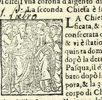 An illustration from Le cose maravigliose dell'alma citta di Roma : doue si tratta delle chiese, stationi, & reliquie de'corpi santi, che vi sono : con vn trattato d'acquistar l'indulgentie : la guida romana che insegna facilmente a i forastieri a ritrouare le più notabil cose di Roma : li nomi de i sommi pontefici, imperatori, & altri principi christiani : l'antichità di Roma breuemente raccolta : et vn discorso sopra i fuochi de gli antichi : con le poste d'Italia : tutti nuouamente purgati, & corretti (1585)