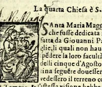 An illustration from Le cose maravigliose dell'alma citta di Roma : doue si tratta delle chiese, stationi, & reliquie de'corpi santi, che vi sono : con vn trattato d'acquistar l'indulgentie : la guida romana che insegna facilmente a i forastieri a ritrouare le più notabil cose di Roma : li nomi de i sommi pontefici, imperatori, & altri principi christiani : l'antichità di Roma breuemente raccolta : et vn discorso sopra i fuochi de gli antichi : con le poste d'Italia : tutti nuouamente purgati, & corretti (1585)
