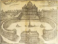 An illustration from Le cose merauigliose dell'alma città di Roma : doue si tratta delle chiese, stationi, reliquie corpi santi, che vi sono, e diuersi maritaggi di pouere zitelle, che si fanno : con la guida romana, che insegna facilmente à forastieri di ritrouare le cose più notabili di Roma : li nomi de' sommi pontefici, imperatori, & altri principi christiani, con le principali poste d'Italia : con aggiunta d'altre cose sacre da Clemente VIII, Paolo V, Vrbano VIII, Innocentio X & Alessandro VII : con le sette merauiglie del mondo, & altre cose notabili (1666)