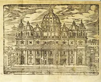 An illustration from Le cose merauigliose dell'alma città di Roma : doue si tratta delle chiese, stationi, reliquie corpi santi, che vi sono, e diuersi maritaggi di pouere zitelle, che si fanno : con la guida romana, che insegna facilmente à forastieri di ritrouare le cose più notabili di Roma : li nomi de' sommi pontefici, imperatori, & altri principi christiani, con le principali poste d'Italia : con aggiunta d'altre cose sacre da Clemente VIII, Paolo V, Vrbano VIII, Innocentio X & Alessandro VII : con le sette merauiglie del mondo, & altre cose notabili (1666)