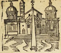 An illustration from Le cose merauigliose dell'alma città di Roma : doue si tratta delle chiese, stationi, reliquie corpi santi, che vi sono, e diuersi maritaggi di pouere zitelle, che si fanno : con la guida romana, che insegna facilmente à forastieri di ritrouare le cose più notabili di Roma : li nomi de' sommi pontefici, imperatori, & altri principi christiani, con le principali poste d'Italia : con aggiunta d'altre cose sacre da Clemente VIII, Paolo V, Vrbano VIII, Innocentio X & Alessandro VII : con le sette merauiglie del mondo, & altre cose notabili (1666)