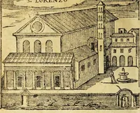 An illustration from Le cose merauigliose dell'alma città di Roma : doue si tratta delle chiese, stationi, reliquie corpi santi, che vi sono, e diuersi maritaggi di pouere zitelle, che si fanno : con la guida romana, che insegna facilmente à forastieri di ritrouare le cose più notabili di Roma : li nomi de' sommi pontefici, imperatori, & altri principi christiani, con le principali poste d'Italia : con aggiunta d'altre cose sacre da Clemente VIII, Paolo V, Vrbano VIII, Innocentio X & Alessandro VII : con le sette merauiglie del mondo, & altre cose notabili (1666)