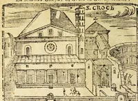 An illustration from Le cose merauigliose dell'alma città di Roma : doue si tratta delle chiese, stationi, reliquie corpi santi, che vi sono, e diuersi maritaggi di pouere zitelle, che si fanno : con la guida romana, che insegna facilmente à forastieri di ritrouare le cose più notabili di Roma : li nomi de' sommi pontefici, imperatori, & altri principi christiani, con le principali poste d'Italia : con aggiunta d'altre cose sacre da Clemente VIII, Paolo V, Vrbano VIII, Innocentio X & Alessandro VII : con le sette merauiglie del mondo, & altre cose notabili (1666)