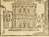 An illustration from Le cose merauigliose dell'alma città di Roma : doue si tratta delle chiese, stationi, reliquie corpi santi, che vi sono, e diuersi maritaggi di pouere zitelle, che si fanno : con la guida romana, che insegna facilmente à forastieri di ritrouare le cose più notabili di Roma : li nomi de' sommi pontefici, imperatori, & altri principi christiani, con le principali poste d'Italia : con aggiunta d'altre cose sacre da Clemente VIII, Paolo V, Vrbano VIII, Innocentio X & Alessandro VII : con le sette merauiglie del mondo, & altre cose notabili (1666)