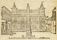 An illustration from Le cose merauigliose dell'alma città di Roma : doue si tratta delle chiese, stationi, reliquie corpi santi, che vi sono, e diuersi maritaggi di pouere zitelle, che si fanno : con la guida romana, che insegna facilmente à forastieri di ritrouare le cose più notabili di Roma : li nomi de' sommi pontefici, imperatori, & altri principi christiani, con le principali poste d'Italia : con aggiunta d'altre cose sacre da Clemente VIII, Paolo V, Vrbano VIII, Innocentio X & Alessandro VII : con le sette merauiglie del mondo, & altre cose notabili (1666)