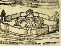 An illustration from Le cose merauigliose dell'alma città di Roma : doue si tratta delle chiese, stationi, reliquie corpi santi, che vi sono, e diuersi maritaggi di pouere zitelle, che si fanno : con la guida romana, che insegna facilmente à forastieri di ritrouare le cose più notabili di Roma : li nomi de' sommi pontefici, imperatori, & altri principi christiani, con le principali poste d'Italia : con aggiunta d'altre cose sacre da Clemente VIII, Paolo V, Vrbano VIII, Innocentio X & Alessandro VII : con le sette merauiglie del mondo, & altre cose notabili (1666)
