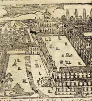 An illustration from Le cose merauigliose dell'alma città di Roma : doue si tratta delle chiese, stationi, reliquie corpi santi, che vi sono, e diuersi maritaggi di pouere zitelle, che si fanno : con la guida romana, che insegna facilmente à forastieri di ritrouare le cose più notabili di Roma : li nomi de' sommi pontefici, imperatori, & altri principi christiani, con le principali poste d'Italia : con aggiunta d'altre cose sacre da Clemente VIII, Paolo V, Vrbano VIII, Innocentio X & Alessandro VII : con le sette merauiglie del mondo, & altre cose notabili (1666)