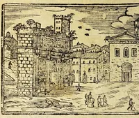 An illustration from Le cose merauigliose dell'alma città di Roma : doue si tratta delle chiese, stationi, reliquie corpi santi, che vi sono, e diuersi maritaggi di pouere zitelle, che si fanno : con la guida romana, che insegna facilmente à forastieri di ritrouare le cose più notabili di Roma : li nomi de' sommi pontefici, imperatori, & altri principi christiani, con le principali poste d'Italia : con aggiunta d'altre cose sacre da Clemente VIII, Paolo V, Vrbano VIII, Innocentio X & Alessandro VII : con le sette merauiglie del mondo, & altre cose notabili (1666)