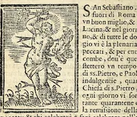 An illustration from Le cose meravigliose dell'alma città di Roma : doue si tratta delle chiese, stationi, & reliquie de' corpi santi, che vi sono : con la guida romana, che insegna facilmente a' forastieri di ritrouare le più notabili cose di Roma : i nomi de' sommi pontefici, imperatori, & altri principi christiani : et di nvovo corretto et ampliato con le cose notabili fatte da papa Sisto V. & da Clemente VIII (1596)