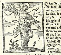 An illustration from Le cose meravigliose dell'alma città di Roma : dove si tratta delle chiese, stationi, & reliquie de'corpi santi, che vi sono : con vn trattato del modo d'acquistar l'indulgentie, la guida romana, che insegna facilmente à forastieri di ritrouare le più notabili cose di Roma : i nomi de'som. pontefici, imperatori, & altri principi christiani, et di novo corretto et ampliato con le cose notabili fatte da papa Sisto V (1591)