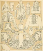 An illustration from Le costume historique. Cinq cents planches, trois cents en couleurs, or et argent, deux cents en camaieu. Types principaux du vêtement et de la parure, rapprochés de ceux de l'intérieur de l'habitation dans tous les temps et chez tous les peuples, avec de nombreux détails sur le mobilier, les armes, les objets usuels, les moyens de transport, etc (1888)