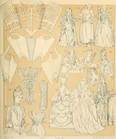 An illustration from Le costume historique. Cinq cents planches, trois cents en couleurs, or et argent, deux cents en camaieu. Types principaux du vêtement et de la parure, rapprochés de ceux de l'intérieur de l'habitation dans tous les temps et chez tous les peuples, avec de nombreux détails sur le mobilier, les armes, les objets usuels, les moyens de transport, etc (1888)