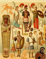 An illustration from Le costume historique. Cinq cents planches, trois cents en couleurs, or et argent, deux cents en camaieu. Types principaux du vêtement et de la parure, rapprochés de ceux de l'intérieur de l'habitation dans tous les temps et chez tous les peuples, avec de nombreux détails sur le mobilier, les armes, les objets usuels, les moyens de transport, etc (1888)