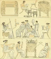 An illustration from Le costume historique. Cinq cents planches, trois cents en couleurs, or et argent, deux cents en camaieu. Types principaux du vêtement et de la parure, rapprochés de ceux de l'intérieur de l'habitation dans tous les temps et chez tous les peuples, avec de nombreux détails sur le mobilier, les armes, les objets usuels, les moyens de transport, etc (1888)
