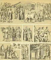 An illustration from Le costume historique. Cinq cents planches, trois cents en couleurs, or et argent, deux cents en camaieu. Types principaux du vêtement et de la parure, rapprochés de ceux de l'intérieur de l'habitation dans tous les temps et chez tous les peuples, avec de nombreux détails sur le mobilier, les armes, les objets usuels, les moyens de transport, etc (1888)