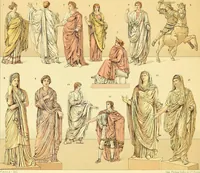 An illustration from Le costume historique. Cinq cents planches, trois cents en couleurs, or et argent, deux cents en camaieu. Types principaux du vêtement et de la parure, rapprochés de ceux de l'intérieur de l'habitation dans tous les temps et chez tous les peuples, avec de nombreux détails sur le mobilier, les armes, les objets usuels, les moyens de transport, etc (1888)