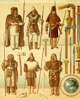 An illustration from Le costume historique. Cinq cents planches, trois cents en couleurs, or et argent, deux cents en camaieu. Types principaux du vêtement et de la parure, rapprochés de ceux de l'intérieur de l'habitation dans tous les temps et chez tous les peuples, avec de nombreux détails sur le mobilier, les armes, les objets usuels, les moyens de transport, etc (1888)