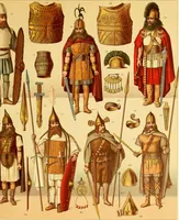An illustration from Le costume historique. Cinq cents planches, trois cents en couleurs, or et argent, deux cents en camaieu. Types principaux du vêtement et de la parure, rapprochés de ceux de l'intérieur de l'habitation dans tous les temps et chez tous les peuples, avec de nombreux détails sur le mobilier, les armes, les objets usuels, les moyens de transport, etc (1888)