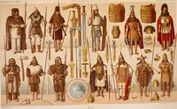 An illustration from Le costume historique. Cinq cents planches, trois cents en couleurs, or et argent, deux cents en camaieu. Types principaux du vêtement et de la parure, rapprochés de ceux de l'intérieur de l'habitation dans tous les temps et chez tous les peuples, avec de nombreux détails sur le mobilier, les armes, les objets usuels, les moyens de transport, etc (1888)