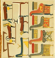 An illustration from Le costume historique. Cinq cents planches, trois cents en couleurs, or et argent, deux cents en camaieu. Types principaux du vêtement et de la parure, rapprochés de ceux de l'intérieur de l'habitation dans tous les temps et chez tous les peuples, avec de nombreux détails sur le mobilier, les armes, les objets usuels, les moyens de transport, etc (1888)