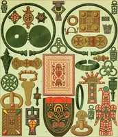 Picture 68 of 118 from Le costume historique. Cinq cents planches, trois cents en couleurs, or et argent, deux cents en camaieu. Types principaux du vêtement et de la parure, rapprochés de ceux de l'intérieur de l'habitation dans tous les temps et chez tous les peuples, avec de nombreux détails sur le mobilier, les armes, les objets usuels, les moyens de transport, etc (1888), leaf 395