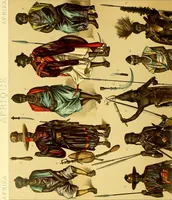 An illustration from Le costume historique. Cinq cents planches, trois cents en couleurs, or et argent, deux cents en camaieu. Types principaux du vêtement et de la parure, rapprochés de ceux de l'intérieur de l'habitation dans tous les temps et chez tous les peuples, avec de nombreux détails sur le mobilier, les armes, les objets usuels, les moyens de transport, etc (1888)