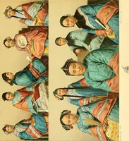 An illustration from Le costume historique. Cinq cents planches, trois cents en couleurs, or et argent, deux cents en camaieu. Types principaux du vêtement et de la parure, rapprochés de ceux de l'intérieur de l'habitation dans tous les temps et chez tous les peuples, avec de nombreux détails sur le mobilier, les armes, les objets usuels, les moyens de transport, etc (1888)