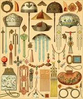 An illustration from Le costume historique. Cinq cents planches, trois cents en couleurs, or et argent, deux cents en camaieu. Types principaux du vêtement et de la parure, rapprochés de ceux de l'intérieur de l'habitation dans tous les temps et chez tous les peuples, avec de nombreux détails sur le mobilier, les armes, les objets usuels, les moyens de transport, etc (1888)