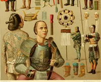 An illustration from Le costume historique. Cinq cents planches, trois cents en couleurs, or et argent, deux cents en camaieu. Types principaux du vêtement et de la parure, rapprochés de ceux de l'intérieur de l'habitation dans tous les temps et chez tous les peuples, avec de nombreux détails sur le mobilier, les armes, les objets usuels, les moyens de transport, etc (1888)
