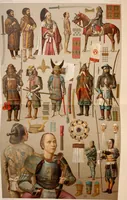 An illustration from Le costume historique. Cinq cents planches, trois cents en couleurs, or et argent, deux cents en camaieu. Types principaux du vêtement et de la parure, rapprochés de ceux de l'intérieur de l'habitation dans tous les temps et chez tous les peuples, avec de nombreux détails sur le mobilier, les armes, les objets usuels, les moyens de transport, etc (1888)