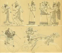 An illustration from Le costume historique. Cinq cents planches, trois cents en couleurs, or et argent, deux cents en camaieu. Types principaux du vêtement et de la parure, rapprochés de ceux de l'intérieur de l'habitation dans tous les temps et chez tous les peuples, avec de nombreux détails sur le mobilier, les armes, les objets usuels, les moyens de transport, etc (1888)