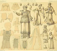 Picture 14 of 118 from Le costume historique. Cinq cents planches, trois cents en couleurs, or et argent, deux cents en camaieu. Types principaux du vêtement et de la parure, rapprochés de ceux de l'intérieur de l'habitation dans tous les temps et chez tous les peuples, avec de nombreux détails sur le mobilier, les armes, les objets usuels, les moyens de transport, etc (1888), leaf 75