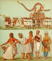An illustration from Le costume historique. Cinq cents planches, trois cents en couleurs, or et argent, deux cents en camaieu. Types principaux du vêtement et de la parure, rapprochés de ceux de l'intérieur de l'habitation dans tous les temps et chez tous les peuples, avec de nombreux détails sur le mobilier, les armes, les objets usuels, les moyens de transport, etc (1888)